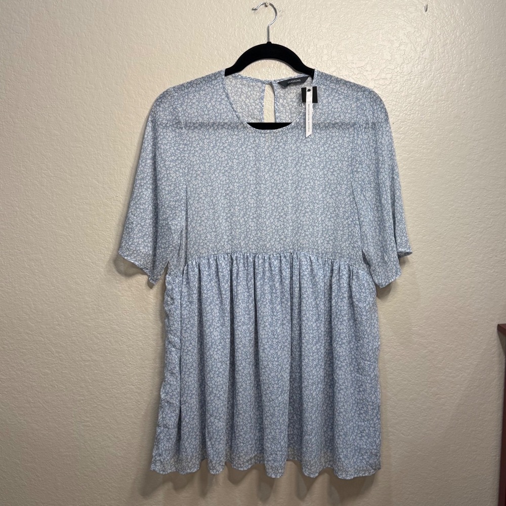 Glassons Light Blue Floral Babydoll Top Short Sleeve Empire Waist Sz 14 Coquette
